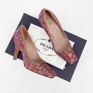 Vintage Prada Plum Gold Brocade Snakeskin Trim Bow Square Toe Heels IT 37.5